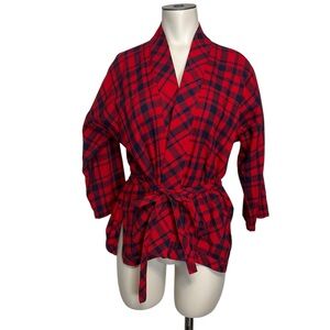 MADEWELL sz X Small Plaid Wrap Top  V Neck 1/2 Sleeves Cotton Red Blue